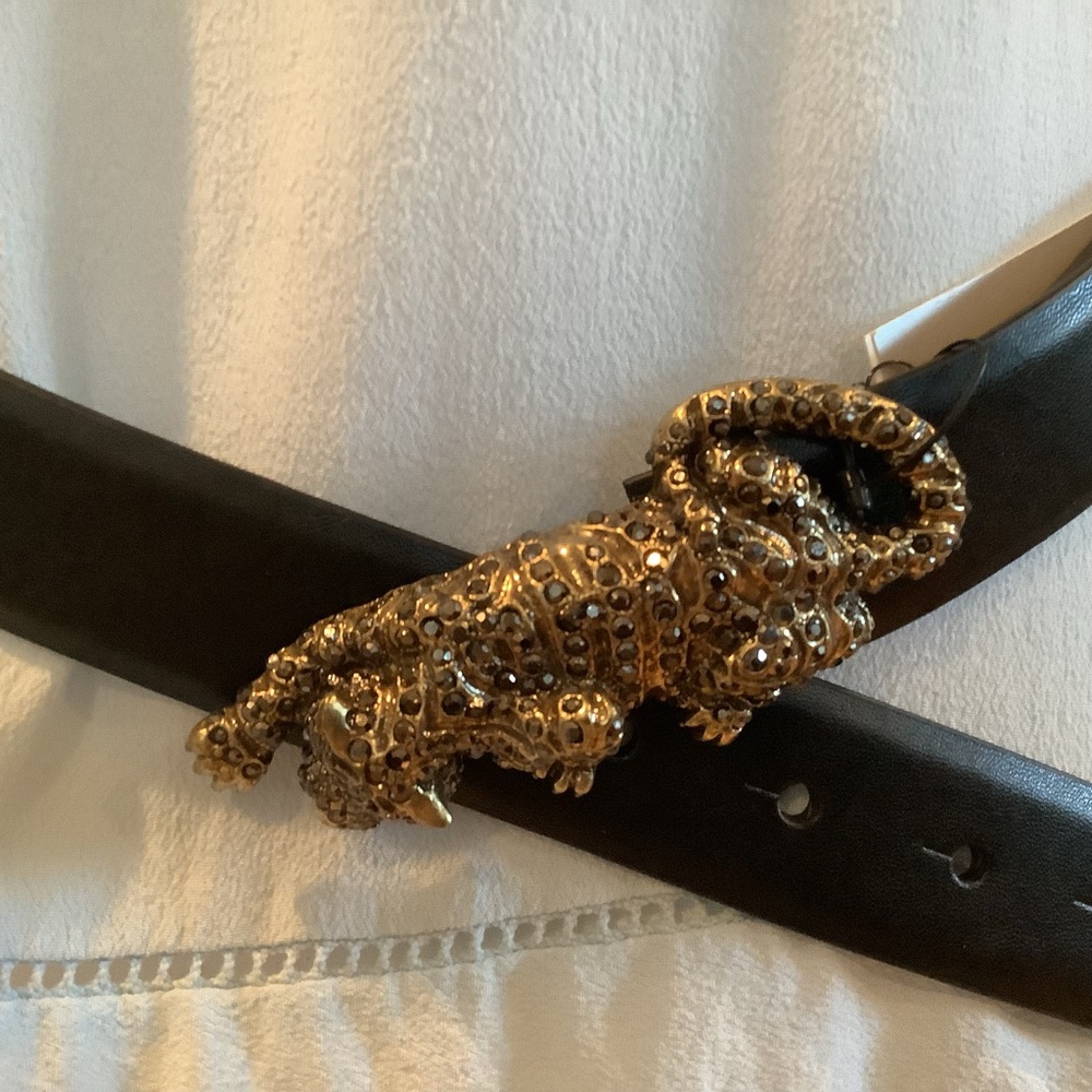 Chico's Black Leather Belt with Gold Jeweled Leopard with stones.